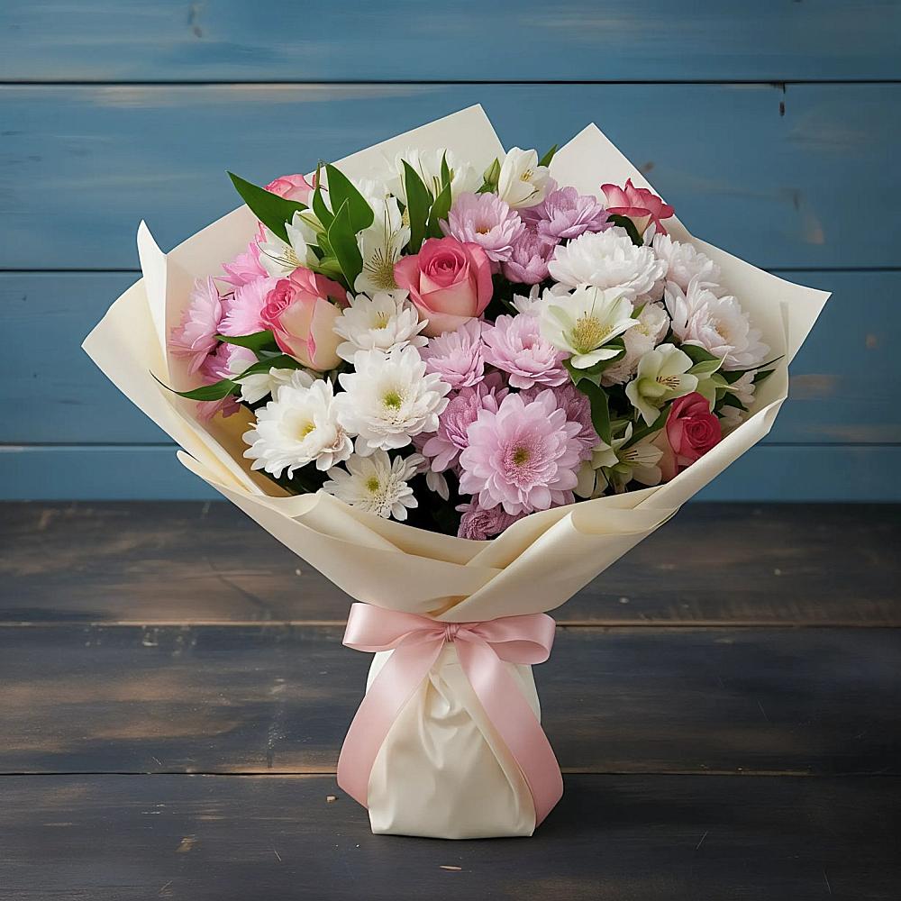 Букет цветов из: Хризантемы, Альстромерии и Розы в Шаблыкино